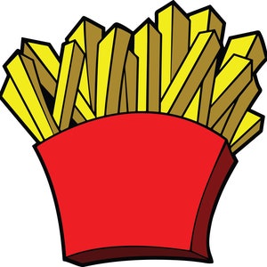 May include: A red and white paper container filled with yellow french fries.