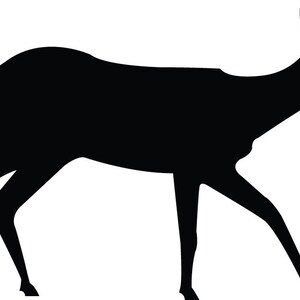 May include: Silhouette of a deer walking to the right. The deer is black against a white background.