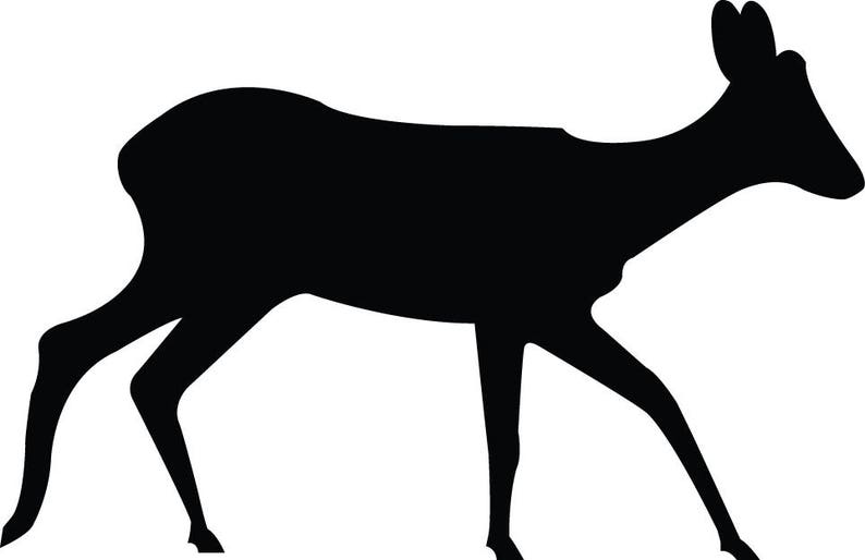 May include: Silhouette of a deer walking to the right. The deer is black against a white background.