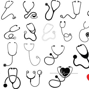 Puede incluir: Una ilustraci&oacute;n en blanco y negro de varios estetoscopios m&eacute;dicos. Los estetoscopios est&aacute;n dibujados en diferentes estilos y posiciones, incluyendo un estetoscopio con un monitor de frecuencia card&iacute;aca.