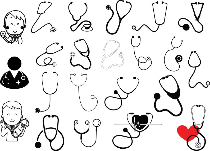 Puede incluir: Una ilustraci&oacute;n en blanco y negro de varios estetoscopios m&eacute;dicos. Los estetoscopios est&aacute;n dibujados en diferentes estilos y posiciones, incluyendo un estetoscopio con un monitor de frecuencia card&iacute;aca.