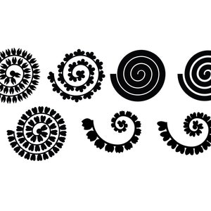 May include: Eight black and white illustrations of different spiral designs. The designs are all circular and feature a spiral pattern. Some of the designs are more intricate than others.