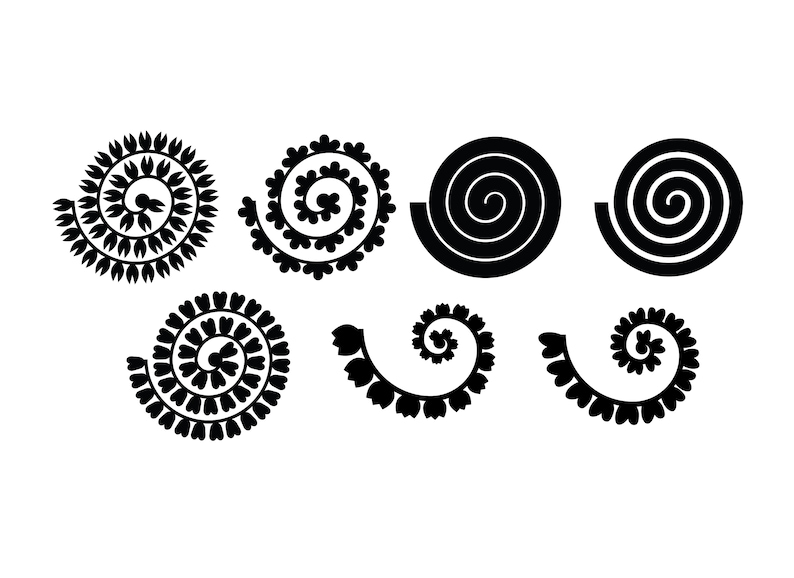 May include: Eight black and white illustrations of different spiral designs. The designs are all circular and feature a spiral pattern. Some of the designs are more intricate than others.