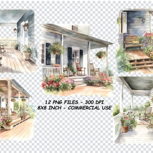 FARMHOUSE PORCH WATERCOLOR Clipart, Porch Bundle Png, House akwarela clipart, Farmhouse clipart, Przezroczyste tło