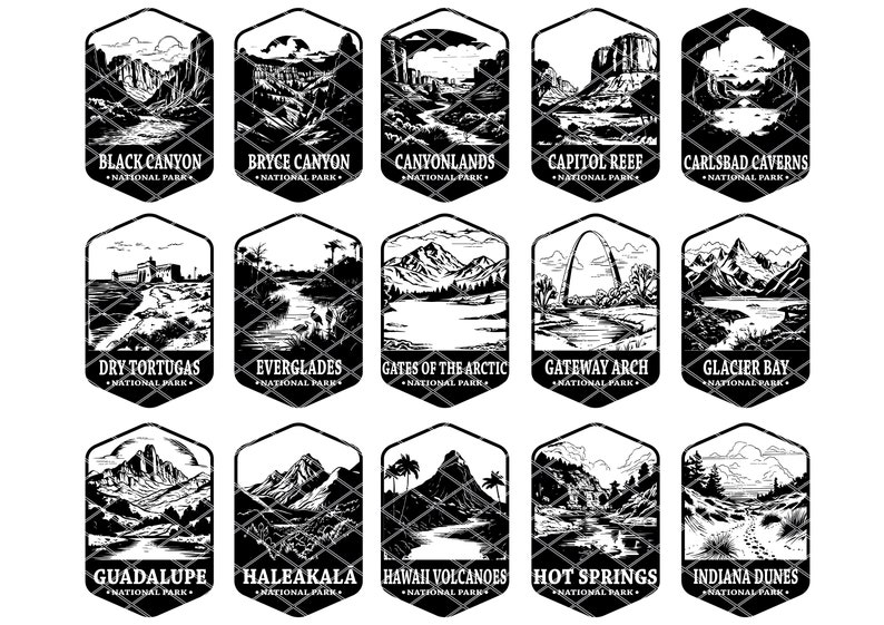 K&ouml;nnte beinhalten: Schwarz-wei&szlig;-Illustrationen von Nationalparks in den Vereinigten Staaten. Jede Illustration hat eine sechseckige Form mit dem Namen des Parks und "National Park" darunter. Die abgebildeten Parks sind Black Canyon, Bryce Canyon, Canyonlands, Capitol Reef, Carlsbad Caverns, Dry Tortugas, Everglades, Gates of the Arctic, Gateway Arch, Glacier Bay, Guadalupe Mountains, Haleakala, Hawaii Volcanoes, Hot Springs und Indiana Dunes.