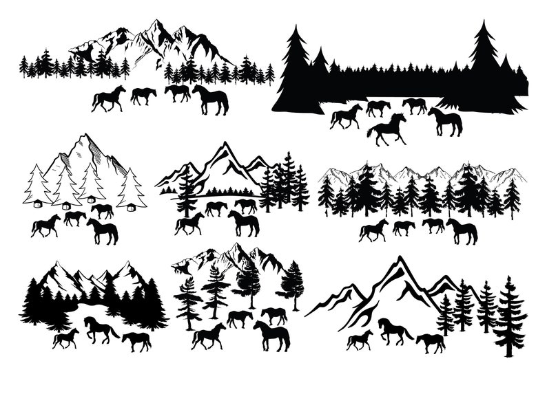 May include: Black and white illustrations of horses in a mountain and forest landscape. The images depict various scenes with horses, trees, and mountain ranges. The style is minimalist, with solid black silhouettes against a white background.