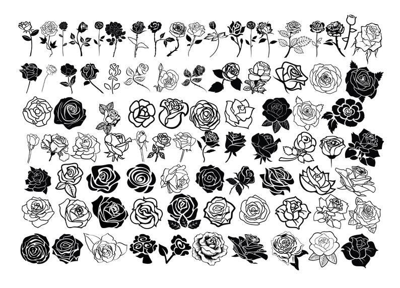May include: A collection of 60 black and white rose illustrations. The roses are drawn in various styles, including realistic, stylized, and abstract.