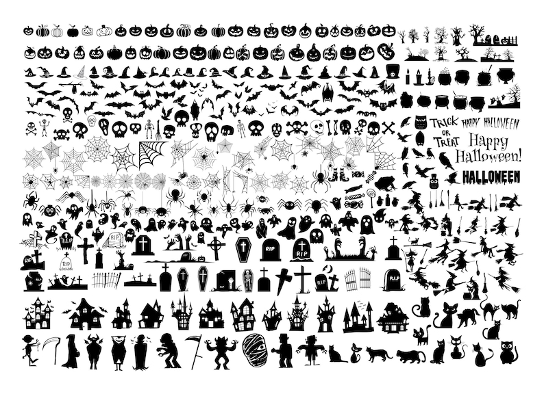 May include: A large collection of black and white Halloween clip art images. The images include pumpkins, bats, ghosts, witches, spiders, skulls, and more.