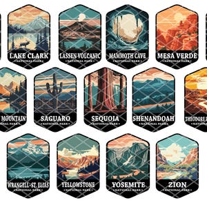 May include: A collection of 16 colorful illustrated national park badges. Each badge features a unique landscape scene and the name of the park, such as "Yellowstone National Park" and "Yosemite National Park".