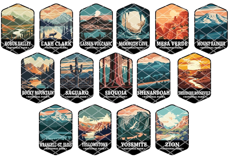 May include: A collection of 16 colorful illustrated national park badges. Each badge features a unique landscape scene and the name of the park, such as "Yellowstone National Park" and "Yosemite National Park".