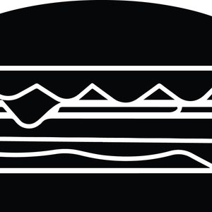 May include: A black and white illustration of a hamburger with three layers, cheese, and sauce.