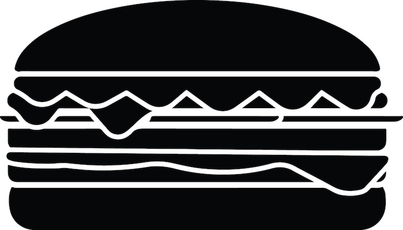 May include: A black and white illustration of a hamburger with three layers, cheese, and sauce.