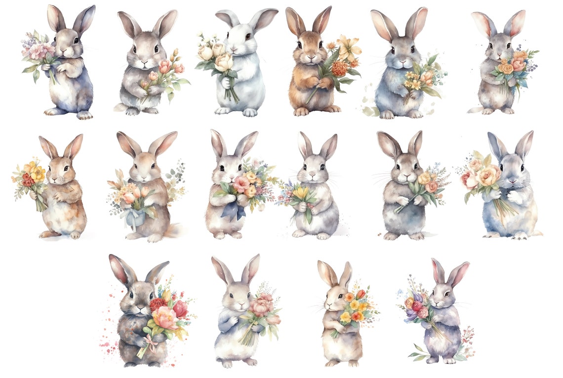 WATERCOLOR BUNNY With FLOWERS Clipart Png, Watercolor Bunny With ...