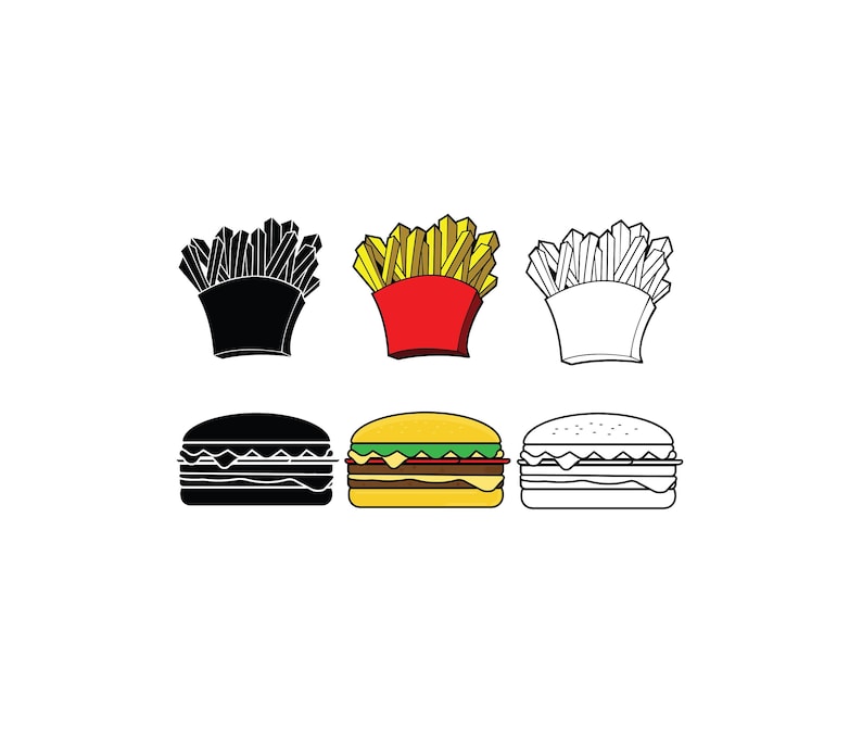 May include: A set of black and white line drawings of a hamburger and french fries. The hamburger is shown in three different styles: a full color version, a black and white version, and a black outline version. The french fries are shown in three different styles: a full color version, a black and white version, and a white outline version.