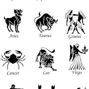 May include: Black and white illustrations of the 12 zodiac signs: Capricorn, Aquarius, Pisces, Aries, Taurus, Gemini, Cancer, Leo, Virgo, Libra, Scorpio, and Sagittarius.