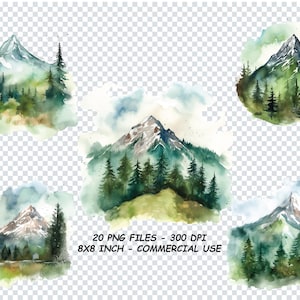 MOUNTAIN FOREST WATERCOLOR Clipart, Mountain Forest Watercolor Png Files, Transparent Background Png, Transparent Background