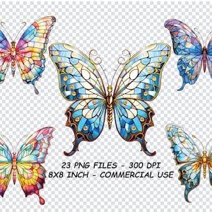 STAINED GLASS BUTTERFLIES Clipart, Stained Glass Butterflies Png Files, Transparent Background Png