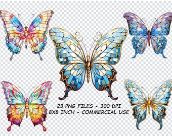 STAINED GLASS BUTTERFLIES Clipart, Stained Glass Butterflies Png Files, Transparent Background Png