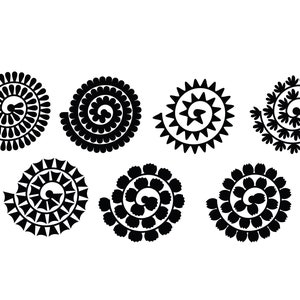 May include: Set of six black and white spiral designs. Each design is a different shape and size.