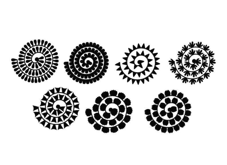 May include: Set of six black and white spiral designs. Each design is a different shape and size.