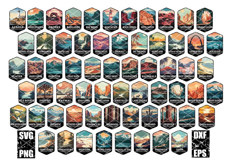 May include: A colorful illustration of national park logos, each featuring a unique landscape and name. The logos are arranged in a grid pattern, with a hexagonal shape. The image includes text such as "SVG", "PNG", "DXF", and "EPS".