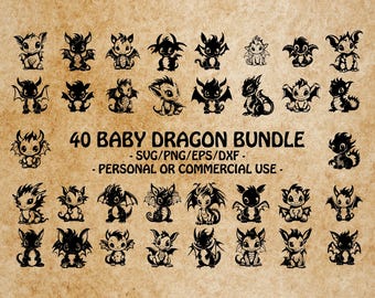 May include: A set of 40 black and white baby dragon illustrations. The dragons are in various poses and have different wing and tail designs. The text "40 Baby Dragon Bundle - SVG/PNG/EPS/DXF - Personal or Commercial Use -" is at the bottom of the image.