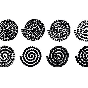 May include: Eight black and white spiral designs with different patterns. The designs are all circular and have a similar shape, but each has a unique pattern.