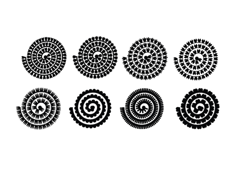 May include: Eight black and white spiral designs with different patterns. The designs are all circular and have a similar shape, but each has a unique pattern.