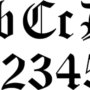 May include: Black and white image of a font with uppercase letters A through E and lowercase letters a through e, followed by the numbers 1 through 5. The font is a traditional blackletter style.