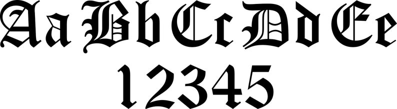 May include: Black and white image of a font with uppercase letters A through E and lowercase letters a through e, followed by the numbers 1 through 5. The font is a traditional blackletter style.