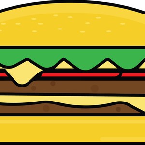 May include: A cartoon illustration of a double-decker hamburger with a yellow bun, green lettuce, red tomato, brown meat patties, and yellow cheese.