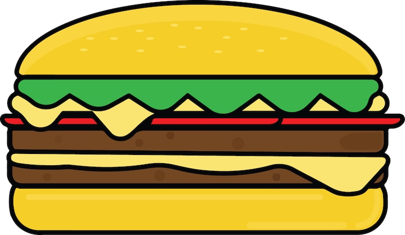 May include: A cartoon illustration of a double-decker hamburger with a yellow bun, green lettuce, red tomato, brown meat patties, and yellow cheese.