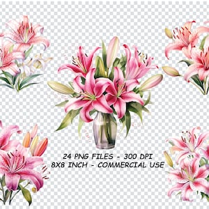 Watercolor PINK TIGER LILY Clipart, Watercolor Pink Tiger Lily Png Files, Transparent Background Png