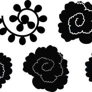 May include: A set of black and white silhouette images of stylized flowers and swirls. The images are perfect for use in crafting, scrapbooking, or digital design.
