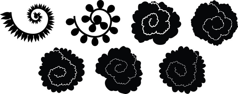 May include: A set of black and white silhouette images of stylized flowers and swirls. The images are perfect for use in crafting, scrapbooking, or digital design.