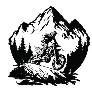 May include: Black and white illustration of a motocross rider jumping over a mountain range. The rider is wearing a helmet and goggles, and the motorcycle has a large front wheel.