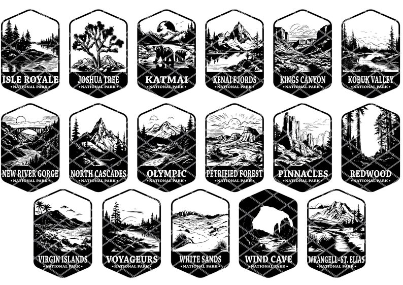 K&ouml;nnte beinhalten: Schwarz-wei&szlig;-Illustrationen von Nationalparks in den Vereinigten Staaten. Jede Illustration ist ein Sechseck mit dem Namen des Parks und "National Park" darunter. Die Illustrationen zeigen Berge, B&auml;ume, Fl&uuml;sse und andere nat&uuml;rliche Merkmale.
