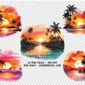WATERCOLOR TROPICAL SUNSETS Clipart, Watercolor Tropical Sunsets Png Files, Transparent Background Png