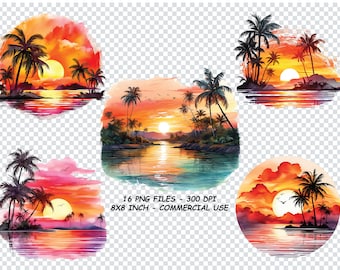 WATERCOLOR TROPICAL SUNSETS Clipart, Watercolor Tropical Sunsets Png Files, Transparent Background Png