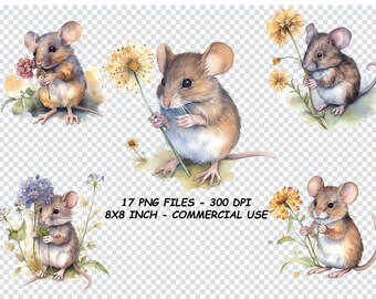 MYSZ Z KWIATEM AKWARELA Png, Mysz i Kwiat Clipart, Mysz i Kwiat Przezroczyste Tło