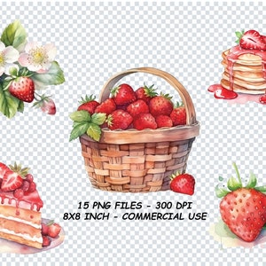 CLIPART DE ACUARELA DE FRESA, Clipart de acuarela de fresa Png para uso comercial, fondo transparente