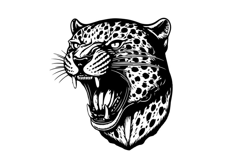 May include: Black and white illustration of a snarling leopard with a spotted coat. The leopard's mouth is open, showing its teeth and tongue.