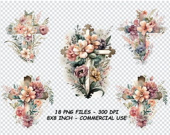 BLOMMAKORS AKVARELL Clipart, Blomkors Akvarell Clipart, Religiöst Kors Clipart Png