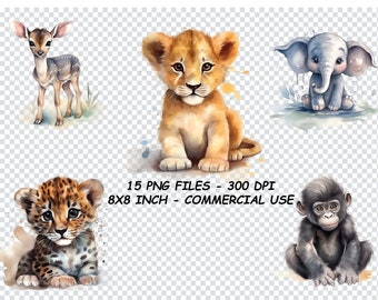 SAFARI BABY ANIMALS Watercolor Clipart, JPGs, Safari Baby Animals Png, Commercial Use, Safari Clipart Transparent Background