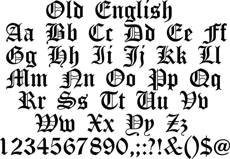 May include: Old English alphabet with uppercase and lowercase letters, numbers, and punctuation marks. The font is black and white.
