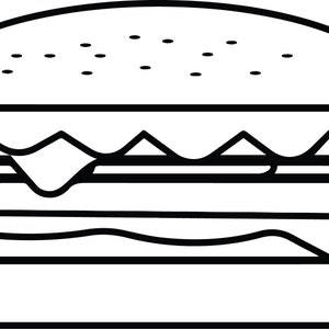 May include: A black and white line drawing of a hamburger with three layers, cheese, and a sesame seed bun.