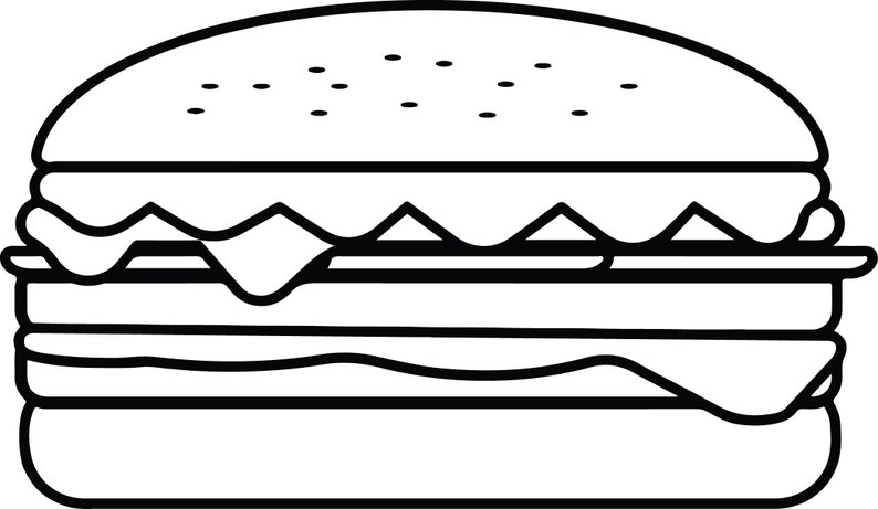 May include: A black and white line drawing of a hamburger with three layers, cheese, and a sesame seed bun.