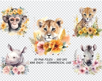 SAFARI BEBÊ ANIMAIS Aquarela Clipart, JPGs, Safari Baby Animals Png, Uso Comercial, Safari Clipart Png