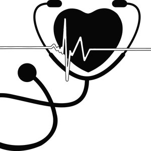 Puede incluir: Ilustraci&oacute;n en blanco y negro de un estetoscopio con un coraz&oacute;n y una l&iacute;nea de latido del coraz&oacute;n. El estetoscopio tiene la forma de un coraz&oacute;n.