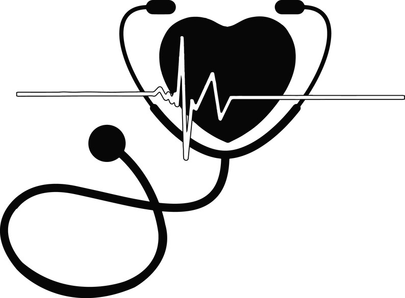 Puede incluir: Ilustraci&oacute;n en blanco y negro de un estetoscopio con un coraz&oacute;n y una l&iacute;nea de latido del coraz&oacute;n. El estetoscopio tiene la forma de un coraz&oacute;n.